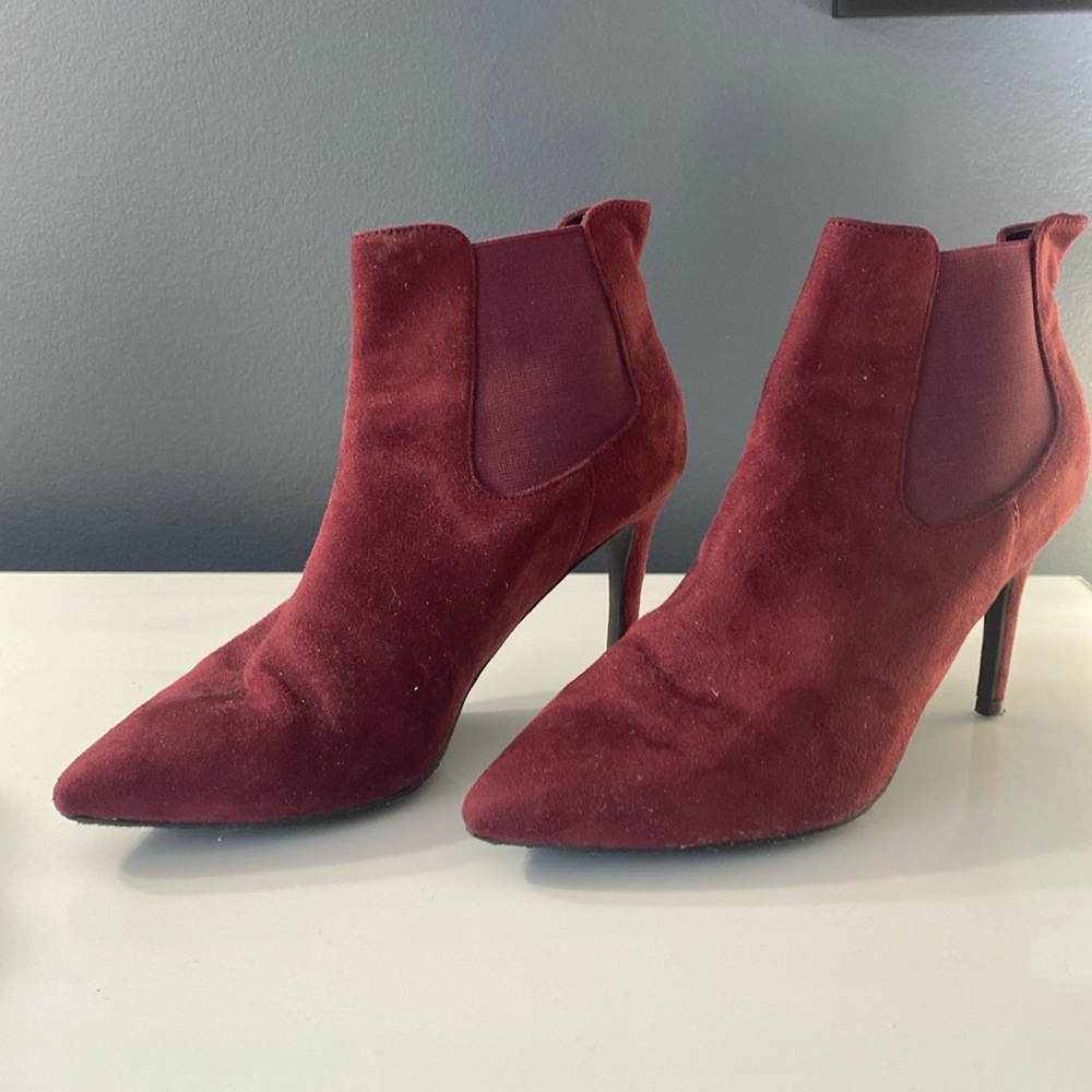Cranberry suede elastic slip on heeled boots